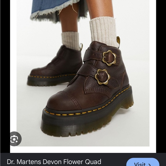 Dr. Martens Shoes - Dr. Martens Dark Brown Leather Platform Flower Buckle Ankle Boots